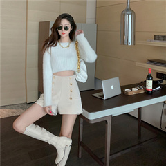 Real price fall and winter chenille tweed 2020 new leisure high waist double breasted baggy shorts and boots