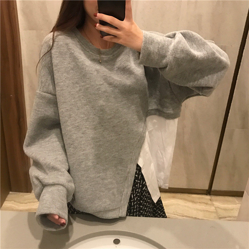 Real price round neck stitching asymmetric simple Pullover Sweater + high waist pleated shawl Mini Skirt
