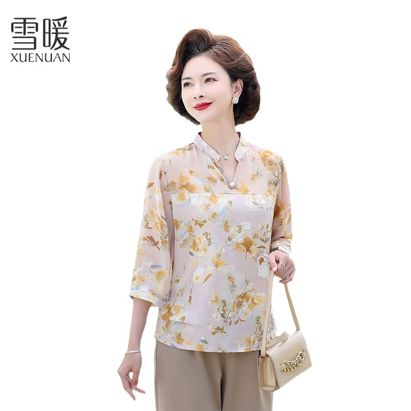 雪暖洋气碎花夏款妈妈装雪纺衫上衣中年人打底小衫女t恤遮肉百搭