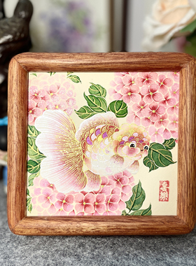 荷花金鱼纯手绘国风摆件摆台国画