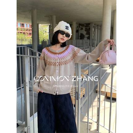 CZ ZHANG秋冬绵羊绒提花针织开衫女费尔岛圆领圣诞毛衣外套B45211