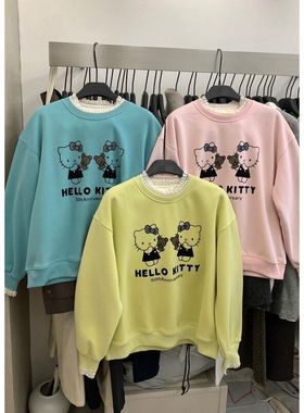 【MISS密思家】拼蕾丝花边领植绒Kitty图案奥粒绒加厚卫衣B88770