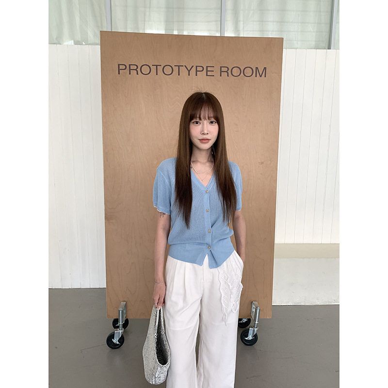 MMC DITION短袖针织开衫女夏薄款亚麻v领设计感袖口蕾丝拼接上衣