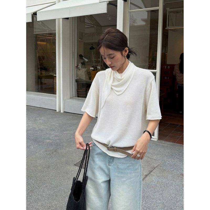 TG 松弛主义 随性搭披肩围脖宽松五分袖针织T恤套装2026春款26129