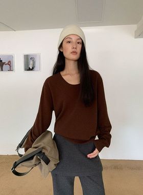 EVERTRUE U领长袖毛织衫女秋季新款韩版纯色套头显瘦上衣 65809
