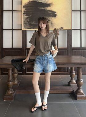 ICCIICC Hot girl夏季高街风阔腿三分裤女磨破显瘦牛仔短裤10903