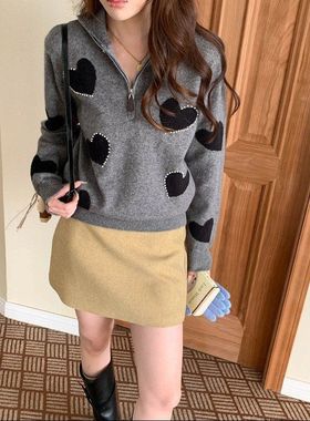 3th Morning 慵懒主理人 慵懒风爱心钉珠半拉链针织衫ZY3797