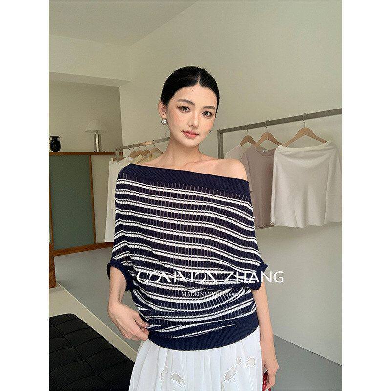 CZZHANG夏一字肩条纹针织衫宽松