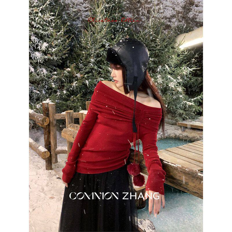 CZ ZHANG圣诞氛围感一字领羊毛针织衫女修身露肩礼服打底衫B45320