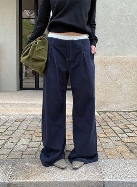 誉一新款2025秋季美式蕾丝拼接阔腿裤女褶皱设计感休闲长裤c7560