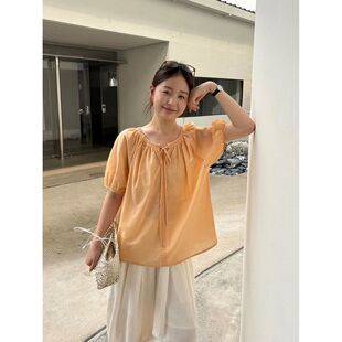 韩迅 仲夏元气 A字宽松泡泡短袖抽绳绑带圆领小衫女2026新款26730