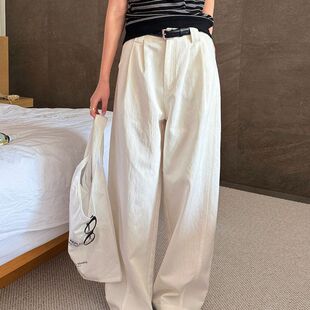 ELSISSI白色棉麻显瘦拖地休闲裤2026新款宽松高腰阔腿裤子女夏