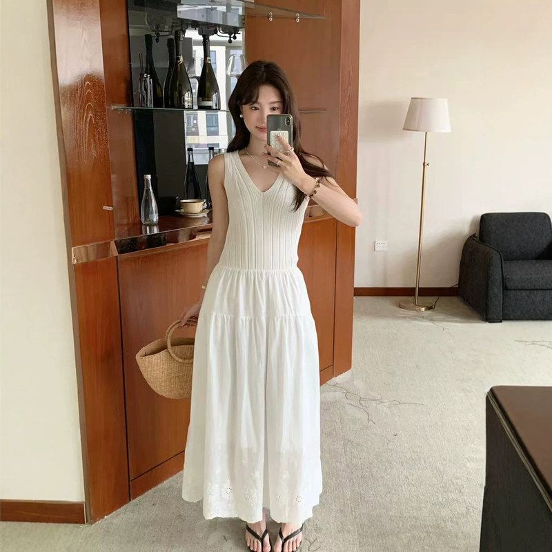 凯羽尚夏法式领夏日白色拼接设计