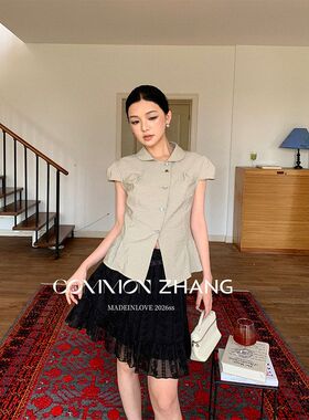 CZ ZHANG夏翻领收腰正肩斜扣开叉衬衫女复古优雅短袖衬衣C23335