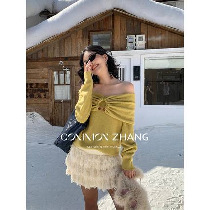 CZ ZHANG秋冬一字领羊毛针织衫女年会氛围感翻领漏肩毛衣 B35076