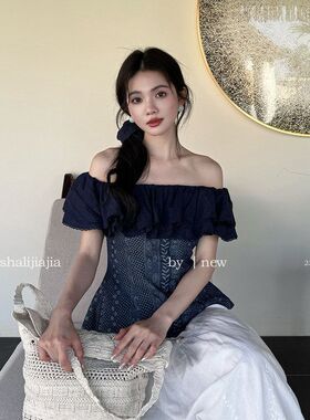 LS 度假风优雅一字肩印花修身小衫广州十三行2026春新款上衣23129