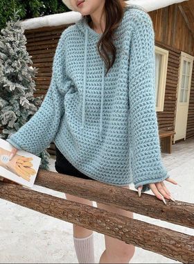 3th Morning 韩系镂空粗棒针宽松慵懒抽绳连帽针织衫ZY3667