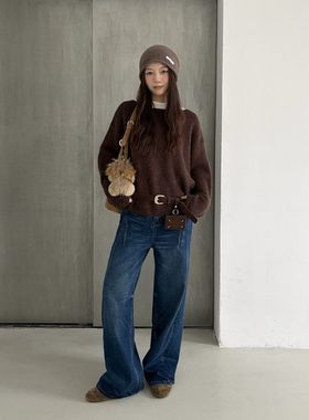 ICC 复古洗水纹植绒分割感显瘦直筒牛仔裤女冬款广州十三行10580