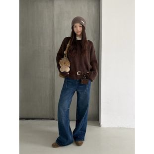 广州十三行10580 女冬款 ICC 复古洗水纹植绒分割感显瘦直筒牛仔裤