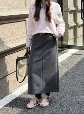 ICC 韩系简约复合绒A字休闲半身裙高腰显瘦中长裙十三行冬季1397
