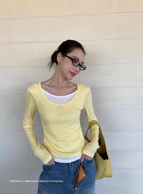 TTOOVOUIS春季新款2468黑色假两件长袖T恤女收腰抽褶打底衫内搭女