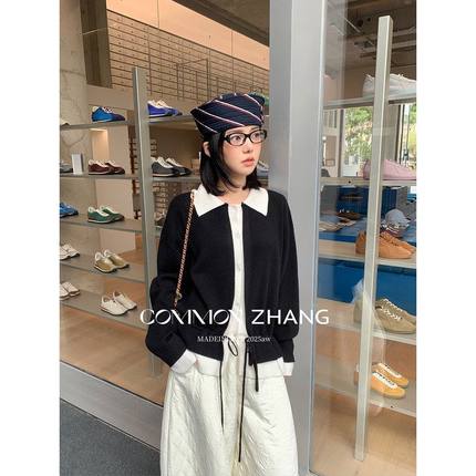 CZ ZHANG秋冬兔绒假两件羊毛针织开衫女撞色拼接衬衫领毛衣B45262