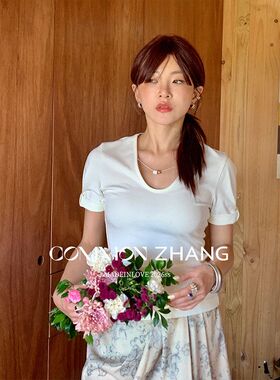 CZ ZHANG春夏小众高弹U领短袖T恤女莫代尔修身显瘦针织上衣C10819