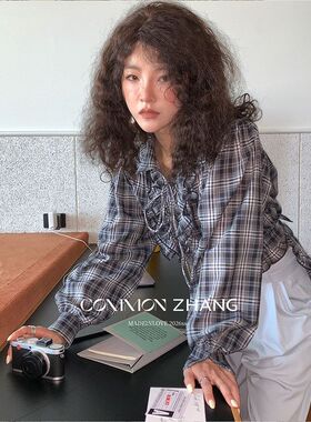 CZ ZHANG春法式木耳边轻薄格子印花中长衬衫女甜美花边上衣C13130