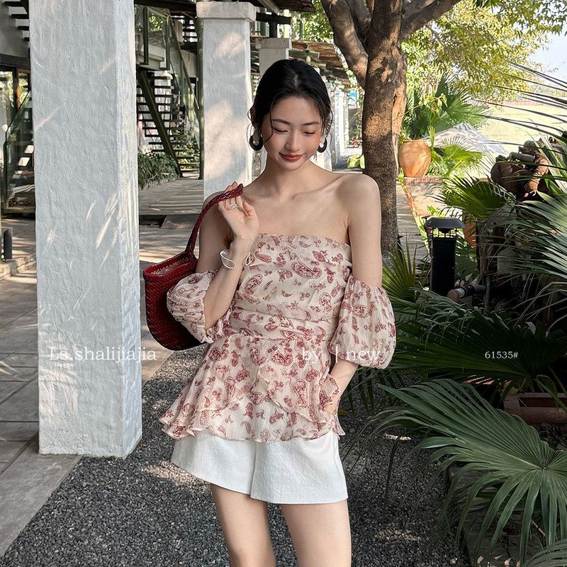 LS度假风碎花露肩抹胸小衫女广州