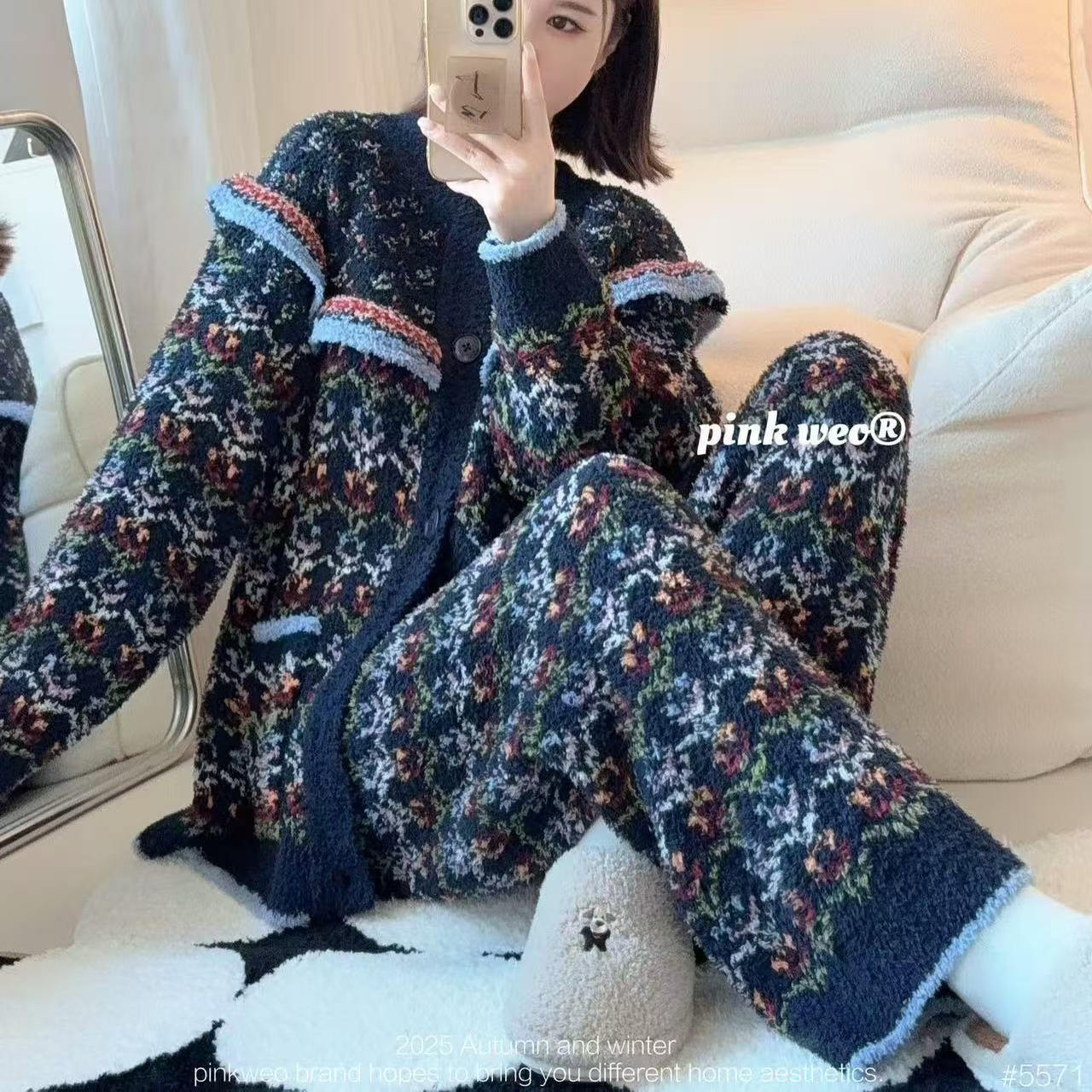 pink民族风半边绒睡衣女秋冬季2025新款加厚开衫保暖家居服套装