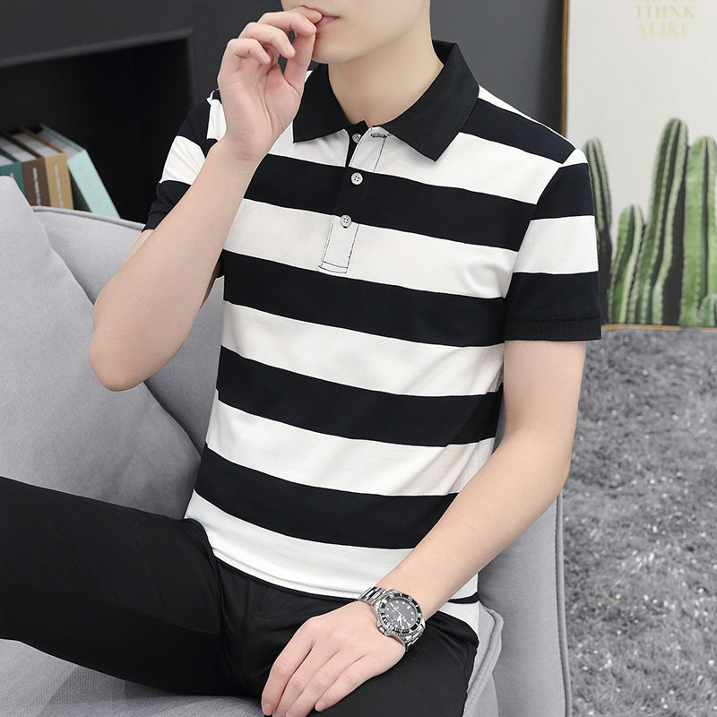 条纹男装POLO衫翻领短袖T恤夏季新款商务休闲时尚上衣潮流体恤ins