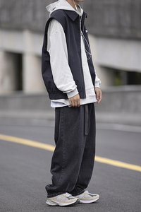 日系美式城市男孩宽松牛仔裤带腰带工装长裤k7231p75控98图片