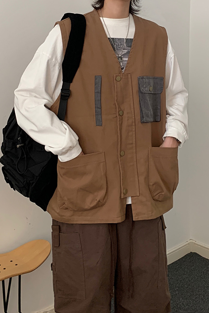 B东日系男装复古多口袋叠穿情侣拼色休闲日杂风穿搭马甲外套男,女装马甲,电商A138B