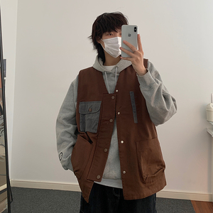 B东日系男装复古多口袋叠穿情侣拼色休闲日杂风穿搭马甲外套男图片
