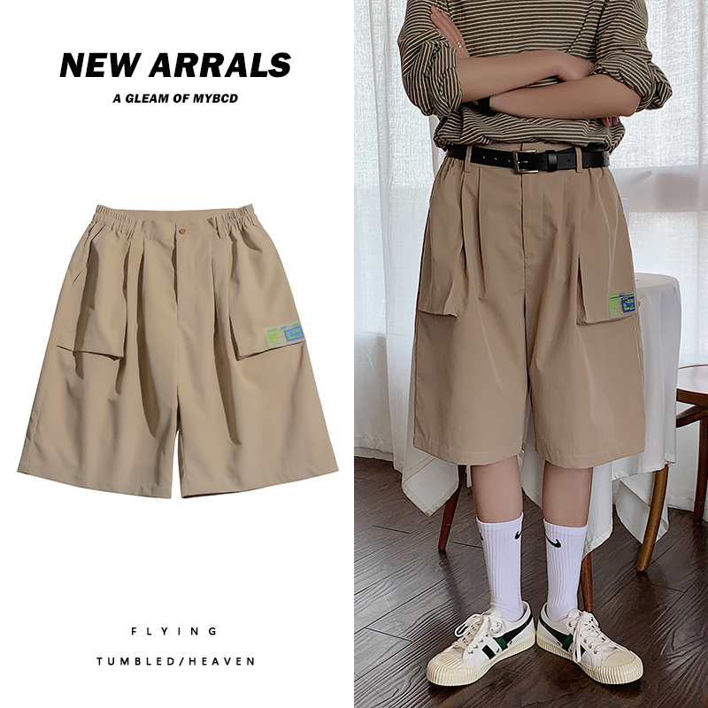 Hong Kong style retro loose straight over the knee Korean shorts Quintet student Hong Kong Style