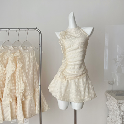 KARA批发丨Acaine杏色圆领露肩珍珠荷叶边连衣裙法式气质收腰裙子