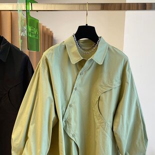 轻熟风设计感小众宽松不规则门襟衬衫 别致独特气质绿色上衣 女春季