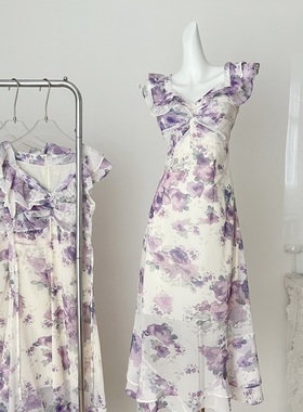 KARA批发丨李不婉 性感小女人原创复古vintage韵味紫色连衣裙新款