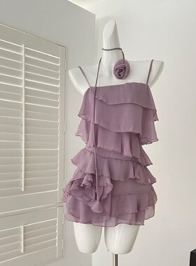 KARA女装批发 紫色多层荷叶边纯欲吊带裙玫瑰雪纺连衣裙度假裙