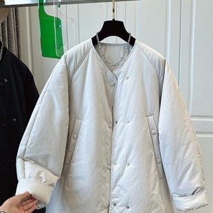 欧洲站圆领米白色中长款棉服女棉衣宽松休闲轻薄简约2025衣长75
