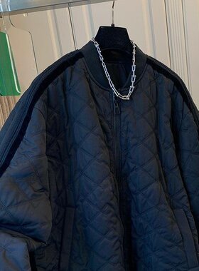 独特气质黑色菱格圆领棉服棉衣宽松休闲外套上衣女装2025冬季新款