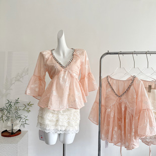 蕾丝花边半裙 浪漫雾感刺绣钻条V领上衣 Catyears猫年 沁粉佳人