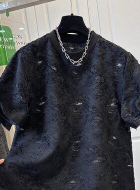 KARA批发丨欧货 高级黑色镂空破洞提花短袖T恤女上衣时尚别致休闲