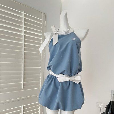 批发丨Moster Timnothy 夏季挂脖烫钻蝴蝶结露肩连衣裙女收腰短裙