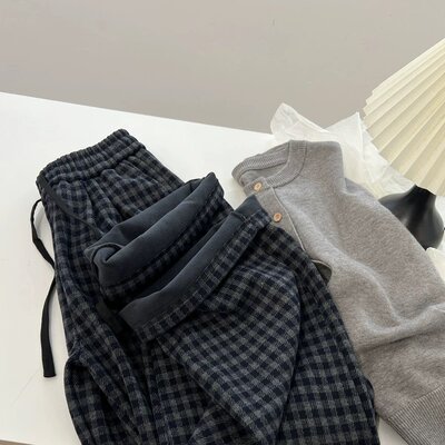 KARA批发/加绒厚复合格子蓝灰色大码直筒休闲长裤女秋冬新潮韩ood