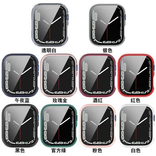 适用苹果手表壳Apple Watch7代保护壳pc+钢化45壳一体免贴膜41MM
