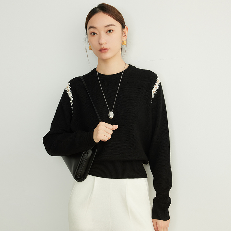 赫本风手工钩花拼接羊毛针织衫女202024秋季宽松套头打底衫女毛衣