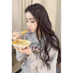 日本代购迪丽热巴同款灰色圆领卫衣女秋冬爆款宽松韩版慵懒风上衣