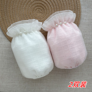 冬季 米白色三层防污护袖 羽绒服套袖 套工作短款 少女洋气蕾丝袖 2双