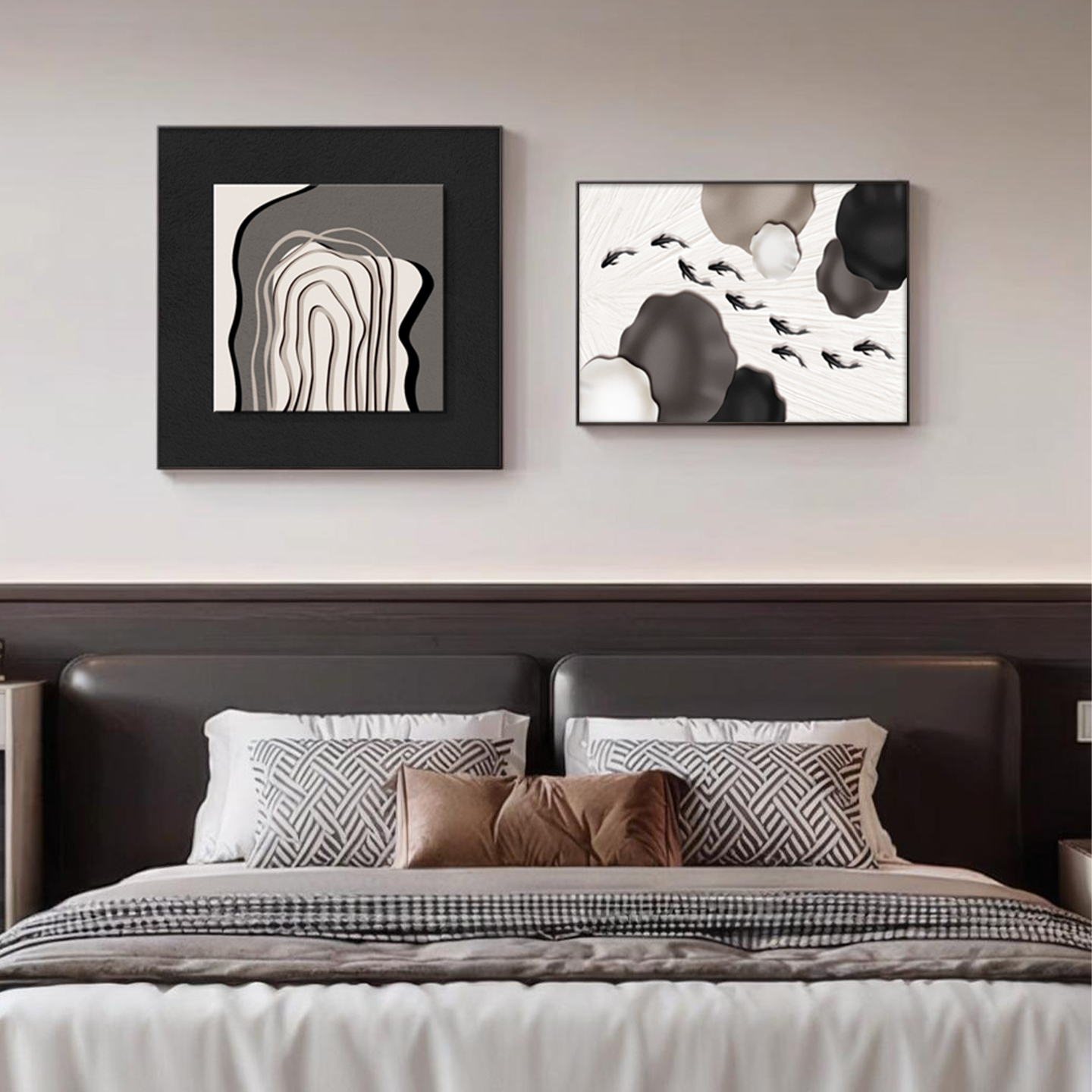 黑白灰卧室抽象装饰画现代简约餐厅挂画高级感轻奢九鱼图组合壁画图片